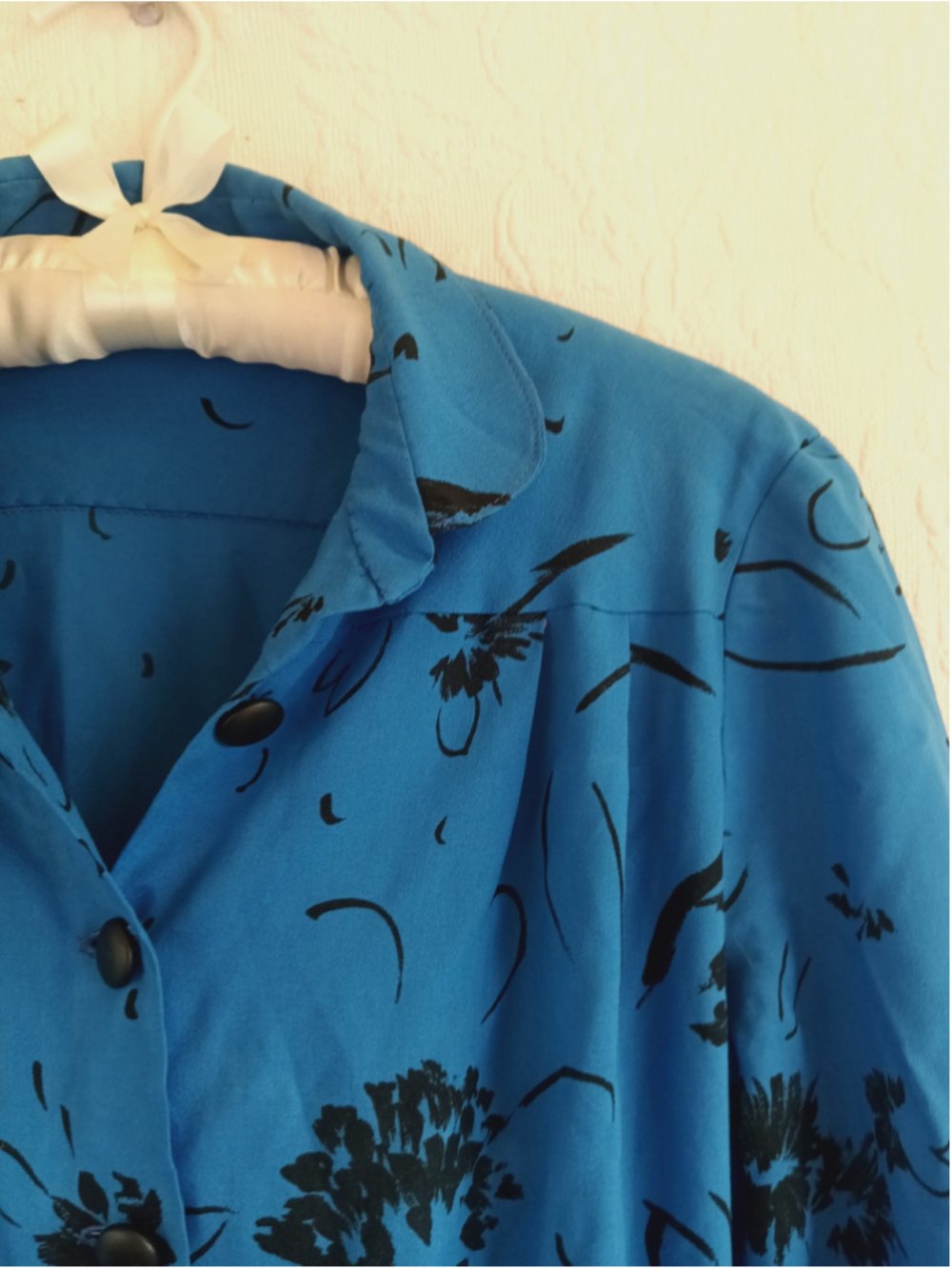80s Button down Midi shirt Dress electric Blue Black floral vintage secretary M - Picture 4 of 16
